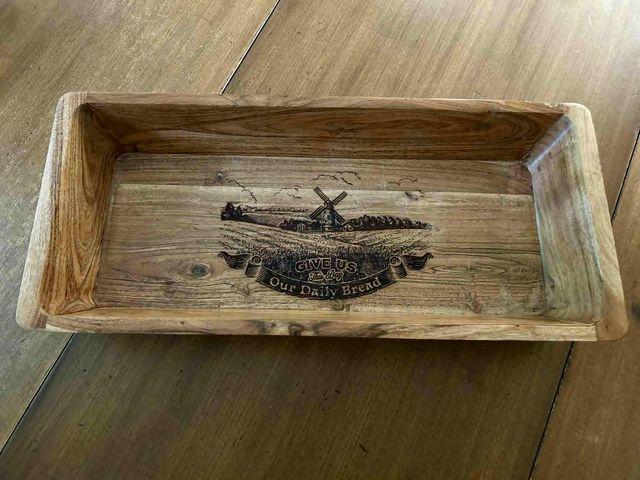 Lot 499-254 - Oval/Rectangle Acacia Bowl with engraving 'Give us this day our daily bread'
Measurements:8.9 in W, ...