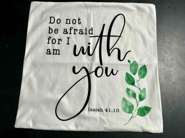 Lot 499-279 - Pillowcover- 17" square- "Isaiah 41:10"
Zipper opening; does not include pillow
Thank you J&amp;J Ha...