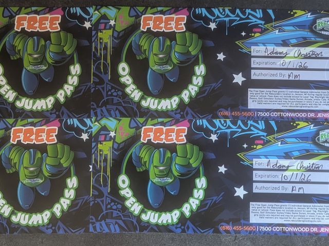 Lot 499-304 - Four (4) Open Jump Passes to the Rebounderz location in Jenison, MI.

This is a great opportunity fo...