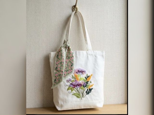 Lot 499-502 - Lovely Embroidered Tote by Roseanne Van Solkema. This adorable tote measures 14 inches tall