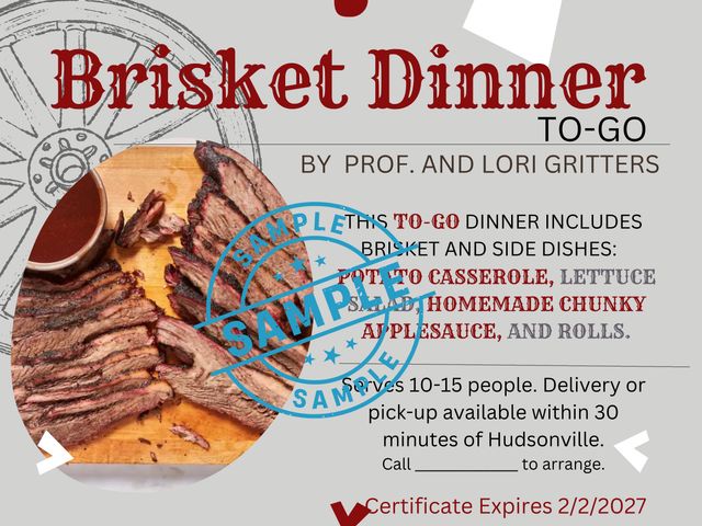 Lot 499-28 - Brisket Dinner To-Go. Dinner includes brisket and sides for 10-15 people. Pick up or delivery is ava...