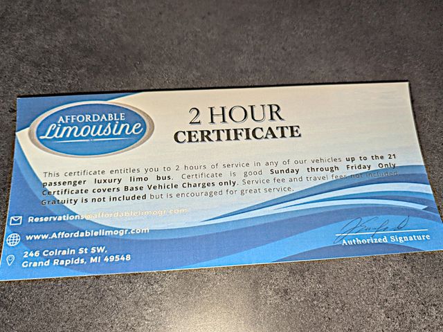 Lot 499-301 - Up for auction is a 2-Hour Luxury Limousine Service Certificate from Affordable Limousine, valid thr...