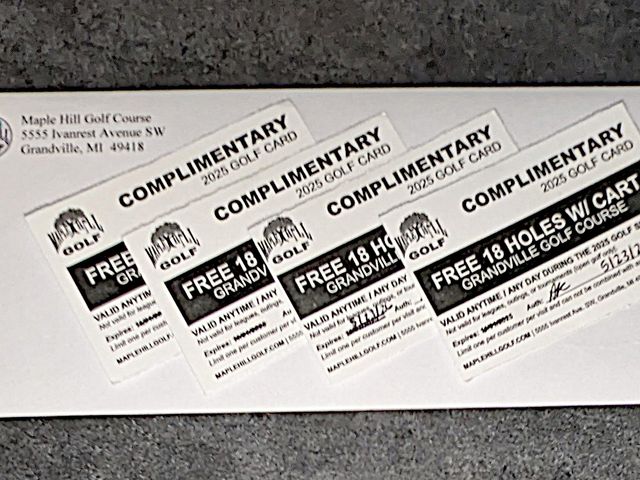 Lot 499-302 - Four Gift Certificates for Maple Hill Golf Course. Each card entitles the bearer to a FREE round of ...