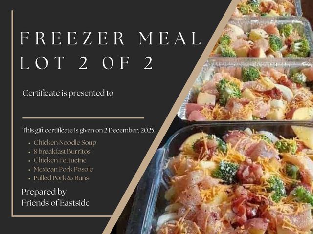 Lot 499-97 - 5 Freezer Meals from 'Eastside and Friends'
5 meals, each meal feeds 6 people, frozen and ready for ...