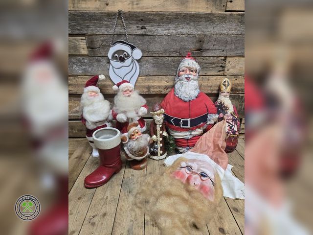 Lot 53-1059 - Lot of Vintage Santa Figurines, Old Santa Mask, Glass Hanging Santa Sun Catcher and More (D)