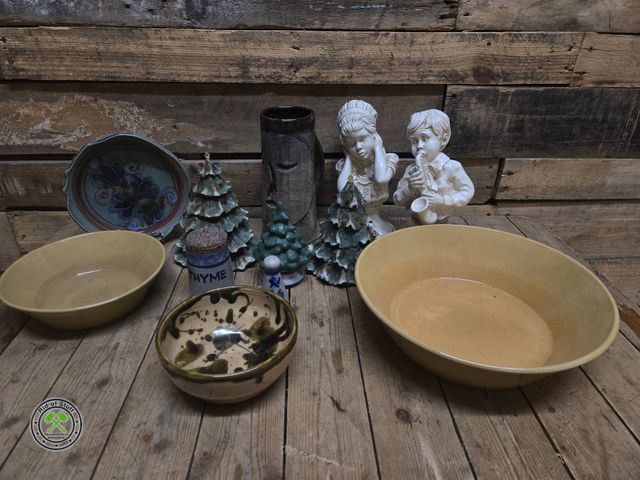 Lot 53-1077 - Vintage Pottery Serving Bowls, Vintage Tall Pottery Face Mug, Vintage Universal Boy/Girl Statue Deco...