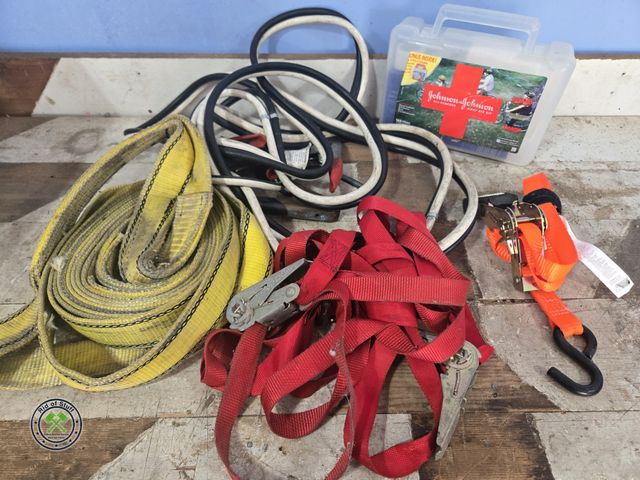 Lot 53-608 - Lot of Vehicle Items- Tow Straps, Jumper Cables, First Aid Kit
