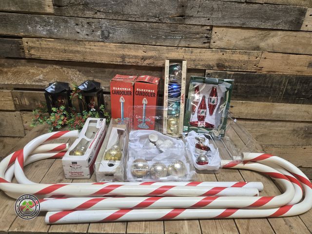Lot 53-1073 - 6 Large Plastic Candy Cane Pathway decorations, 2 Vintage electric Candolier Lights in original boxe...