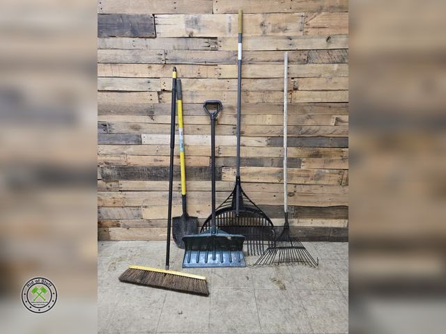 Lot 53-1099 - Rakes, Snow Shovel, Metal Shovel and Large Push Broom