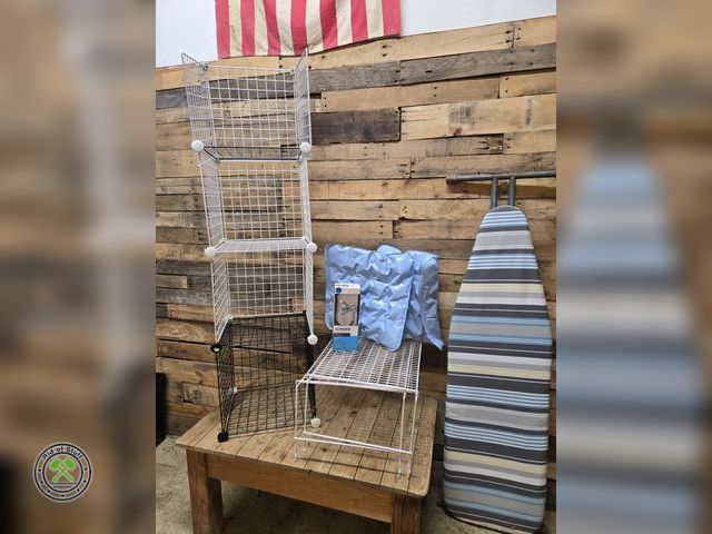 Lot 53-837 - Wire Shelfs, Built a Wire Shelf Multiple Pieces, Ironing Board and more (D1F)