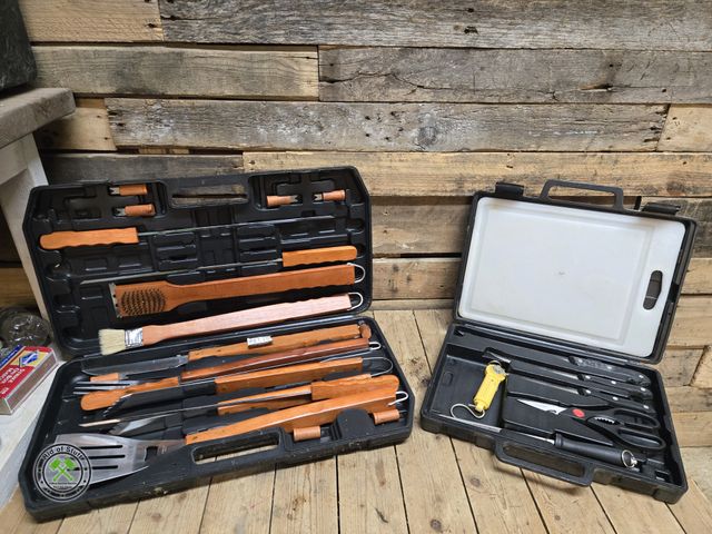 Lot 53-2021 - Like New Grill Brush Utensil Set in Black Plastic Case and Fishing Knife Set In Black Plastic Case