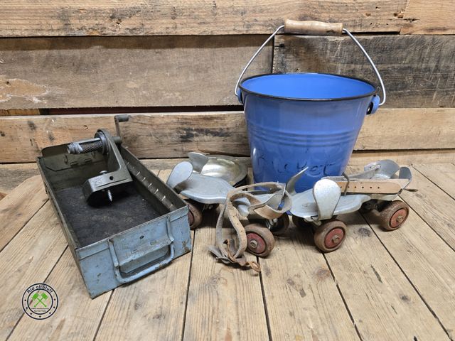 Lot 53-1017 - Vintage Roller Skates, Metal Filing Drawer, Blue metal bucket and more