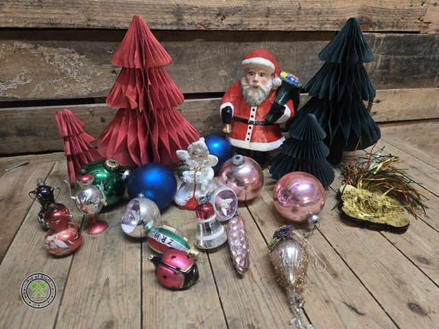 Lot 53-1070 - Christmas Lot - Includes Paper Mache Santa Claus, Paper Trees, Vintage Ornaments and more (D)