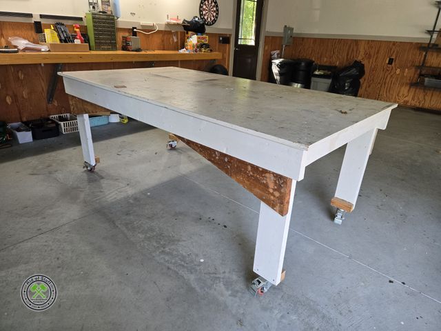 Lot 53-758 - Large Wooden Garage Shop Work Table on Wheels - Measures: 85"x48"x34"