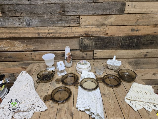 Lot 53-960 - Vintage Doilies, Vintage Collectible Glassware and Brown Pyrex Glass Lids