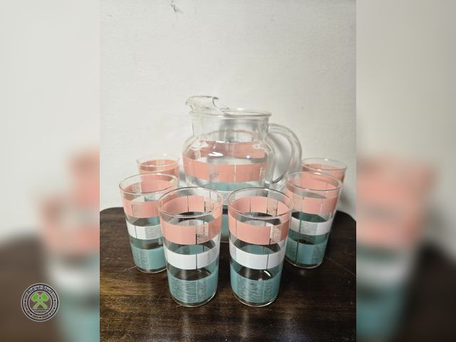 Lot 53-731 - Vintage Anchor Glass Pitcher and 6 Glass Refreshment Set - Excellent condition with original box! (B...