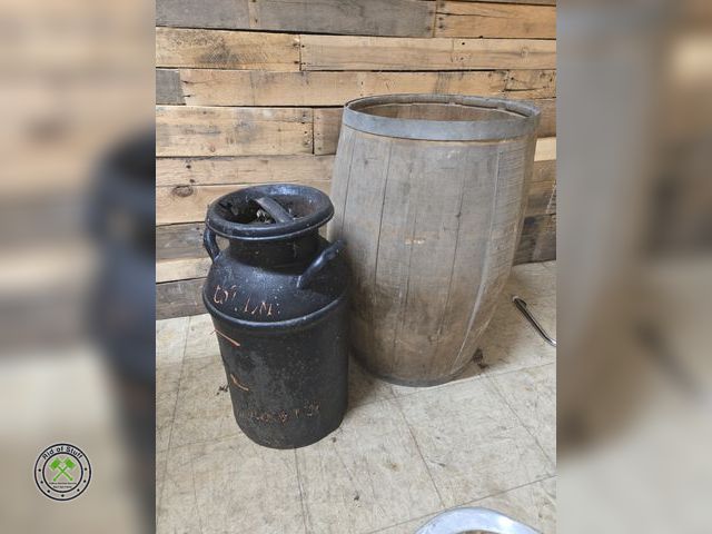 Lot 53-2004 - Vintage Metal Milk Dairy Can with handles and Lid with Wooden barrel - No Bottom (D2F)