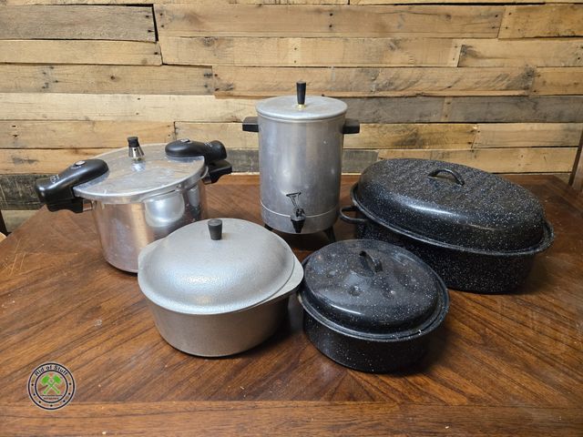 Lot 53-2001 - Lot of Kitchen Pans - Includes: Roaster, Enamel pan with Lid, Pressure Cooker, Beverage dispenser an...