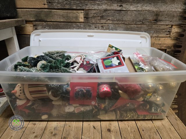 Lot 53-2047 - Large Plastic Tote with Lid filled to the brim with Christmas Ornaments, Decorations and More!