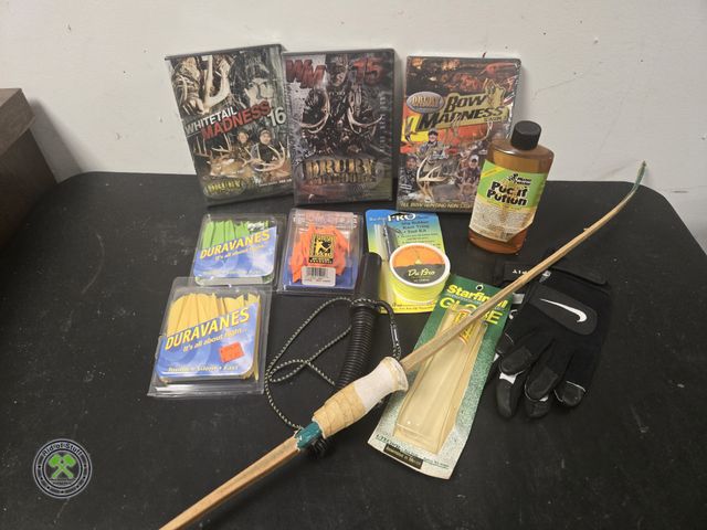 Lot 53-646 - New Hunting Madness DVDS, Re-curved bow, deer call, bobber kit and more (BSMT)