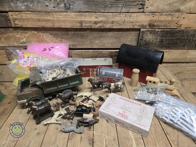 Lot 53-1069 - Wooden Barn, Bags full of old farm animals - cast iron, plastic, rubber, Vintage Metal Structo Truck...