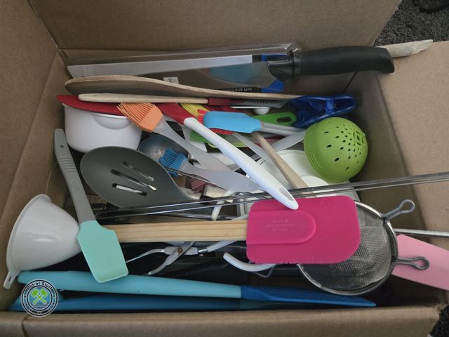 Lot 53-535 - Box full of kitchen utensils, rubber spatulas, whisks, serving spoons, funnels, knives and more