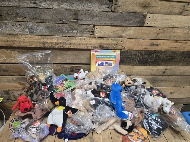 Lot 53-1044 - Large Lot of Beannie Babies - Mostly Dogs with Blank TY Plastic Tags and Beannie Baby Book (C16)