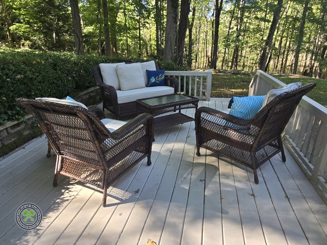 Lot 53-665 - Matching 4 Piece Outdoor Furniture Patio Set - Sofa, 2 Chairs and Table. With small mis-matched wick...