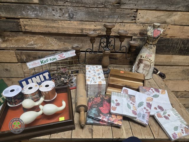 Lot 53-1067 - Lot of Misc Vintage Collectible Decor Pieces - Candle Stick Holder Centerpiece, One of Kind Paper Ma...