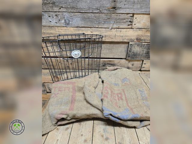 Lot 53-1041 - Vintage Metal Basket with Handles - Measures: 15"x6"X13" with 2 Vintage Burlap Sacks