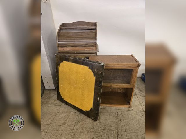 Lot 53-800 - Vintage Wooden Roll Top Secretary's Desk, Fold Up Card Table and 2 Shelf Lawyers Style Cabinet