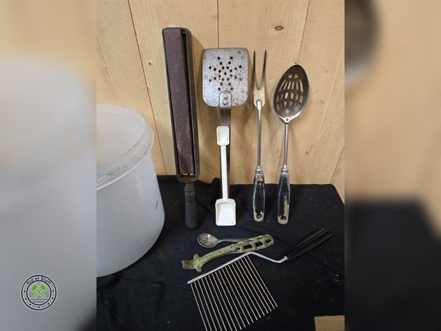 Lot 53-558 - Lot of Misc Vintage Utensils and Vintage Wood/Leather Straight razor Sharpener (B5M)