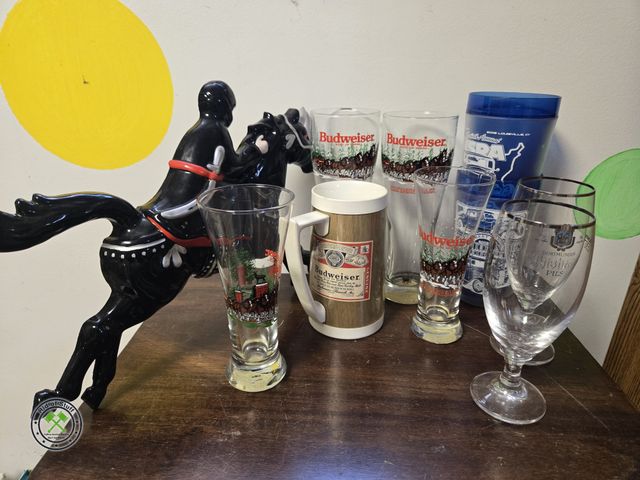 Lot 53-726 - Vintage Budweiser Clydesdale Beer Glasses, Steins, Vintage 80's Plastic Horse Wall Decor, Wine Glass...