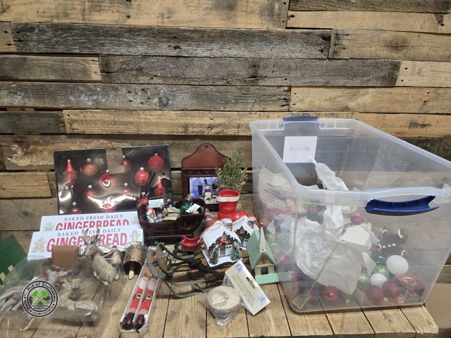Lot 53-1072 - Plastic Tote with Lid filled with Christmas Home Decorations, Bulbs, Ornaments, Old Candlesticks, Wo...