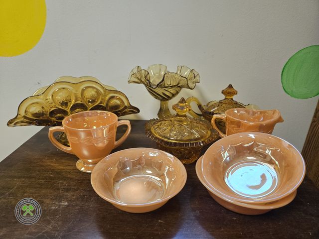 Lot 53-718 - Lot of Vintage Colored Glass Collectible Pieces, Candy Dishes and Vintage Fire King Peach Lusterware...