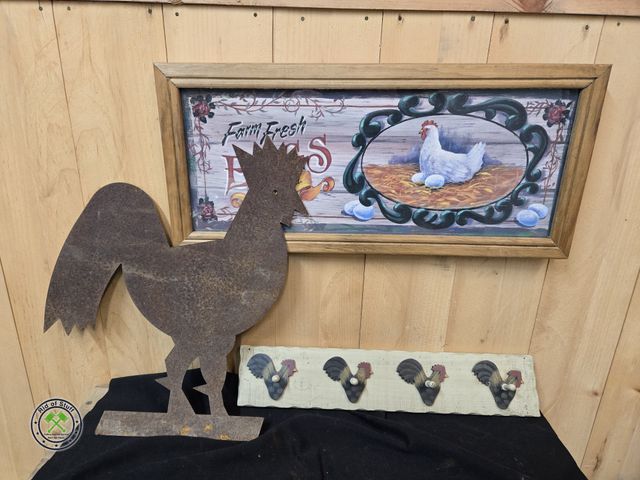 Lot 53-555 - Metal Chicken Decor, Framed Eggs Wall Art and Wooden Wall Hooks (B5B)