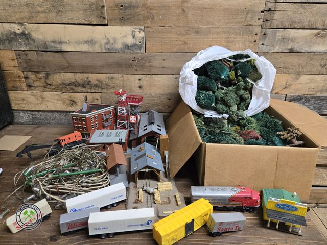 Lot 53-3126 - Sante Fe Trains, Box full of Train Trees, Plastic Village Buildings and more (D1B)