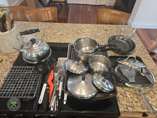 Lot 53-542 - Great Starter Lot - Calphalon Pots/Pans with Lids, Utensils, Baking Sheets and Tea Pot - Bring Boxes...