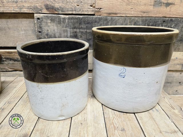 Lot 53-993 - (2) Vintage Crock Jugs - does not appear to have any big chunks missing or cracks. (C15)