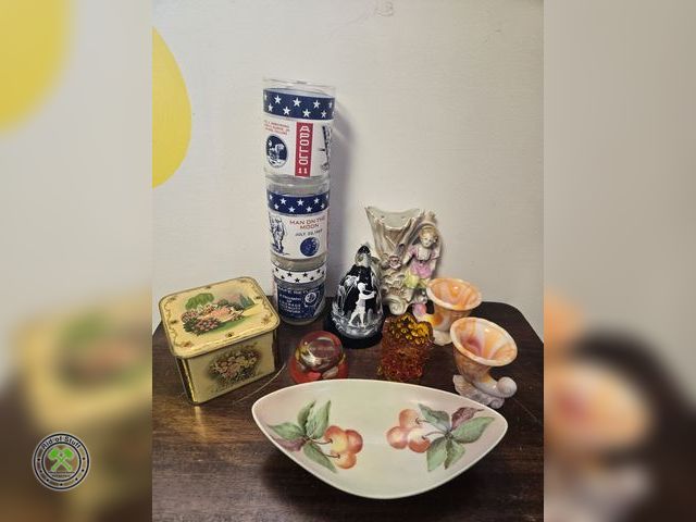 Lot 53-713 - Lot of Vintage antiques and collectibles- Includes: Vintage Pair of Swirl Slag Cornucopia Toothpick ...