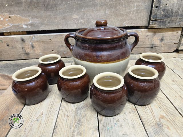 Lot 53-994 - Brown Vintage Stoneware Crock with Lid and Matching Cups (C15)