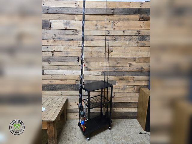Lot 53-811 - Rolling Fishing Pole Storage Cart Holder with Misc Fishing Poles- Adult/Kids and more! All in good w...