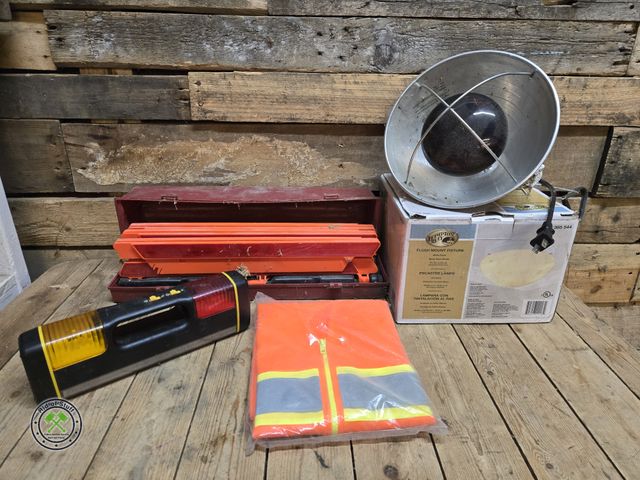 Lot 53-2029 - New 3XL Orange Safety Vest - Safety Emergency Reflective Triangles, Heat Lamp and More