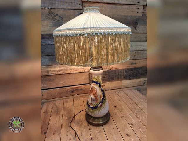 Lot 53-501 - Vintage Hand painted Lamp with fringed shade