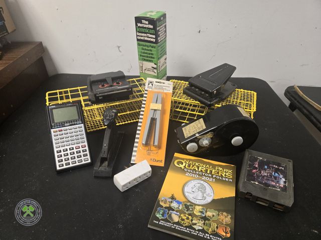 Lot 53-644 - Lot of Vintage Mostly office supplies - stapler, Film Stripper, Vintage Cassette Adapter, Casio Calc...