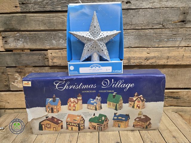 Lot 53-2010 - Lighted Christmas Village and New Cool White LED Tree Topper