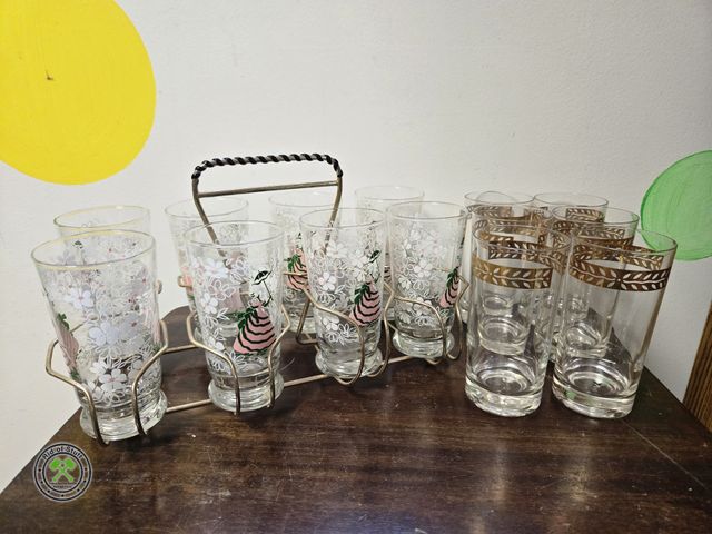 Lot 53-729 - Two sets of vintage drinking glasses, one with metal carrier (BSMT-3)