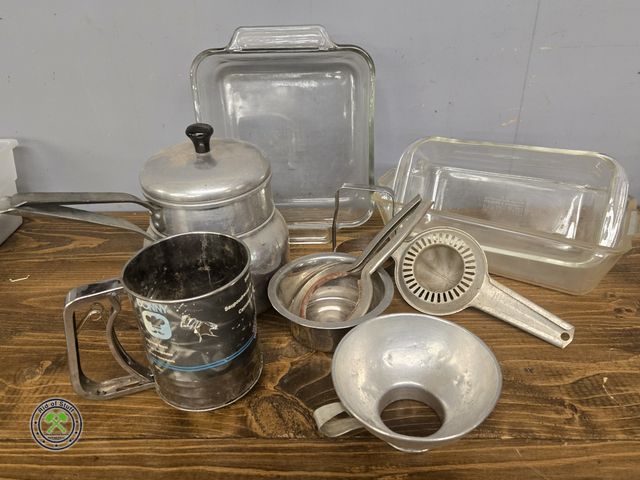 Lot 53-1085 - Baking Lot Includes Glass Pyrex Baking Pans, Sifter, Wear-Ever Double Pot and more (D1B)