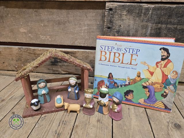 Lot 53-967 - Small nativity with Misc Figurines and Children's Step by Step Bible