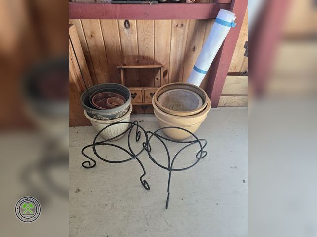 Lot 53-726 - null Metal Plant Stands, Several Planter Pots and Wooden Wall Shelf